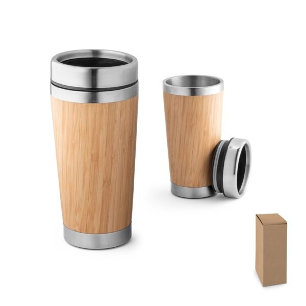 Vaso térmico, acero inoxidable, bambú, 450 ml, aislamiento premium, diseño eco-friendly, tapa hermética, personalización, regalo ideal, viajes, café, té, bebidas frías.